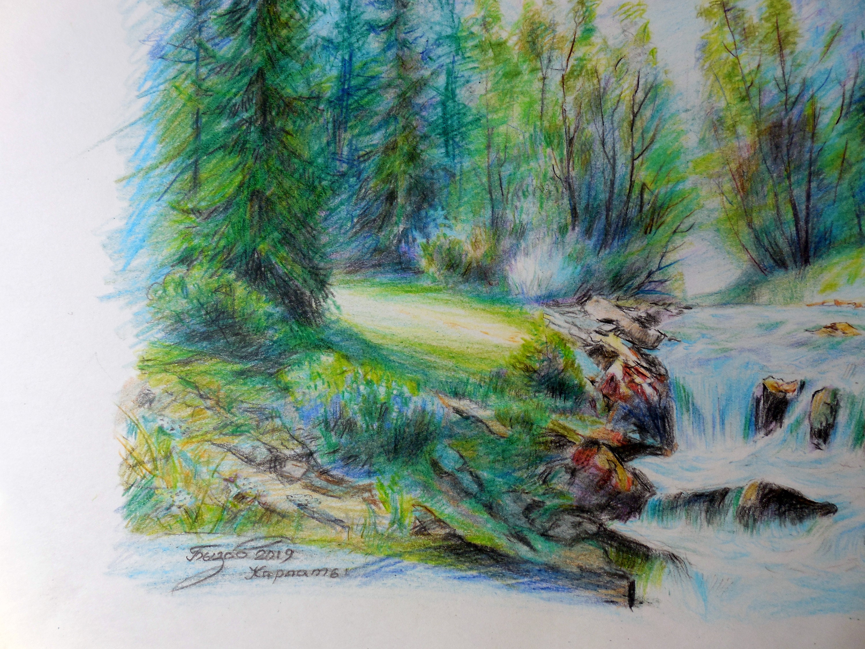 Drawing colored pencils landscape mountains river Etsy