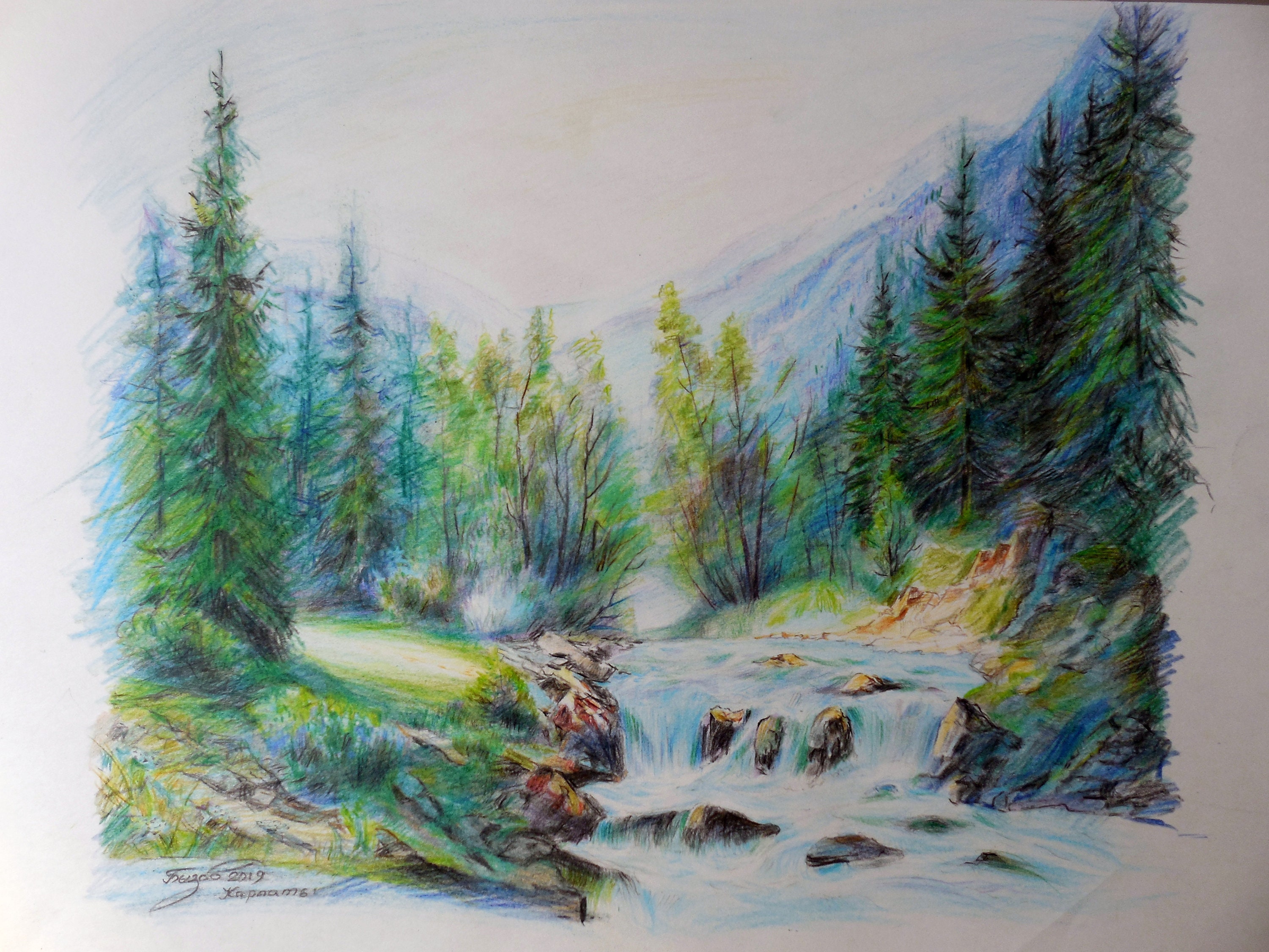 Drawing colored pencils landscape mountains river Etsy