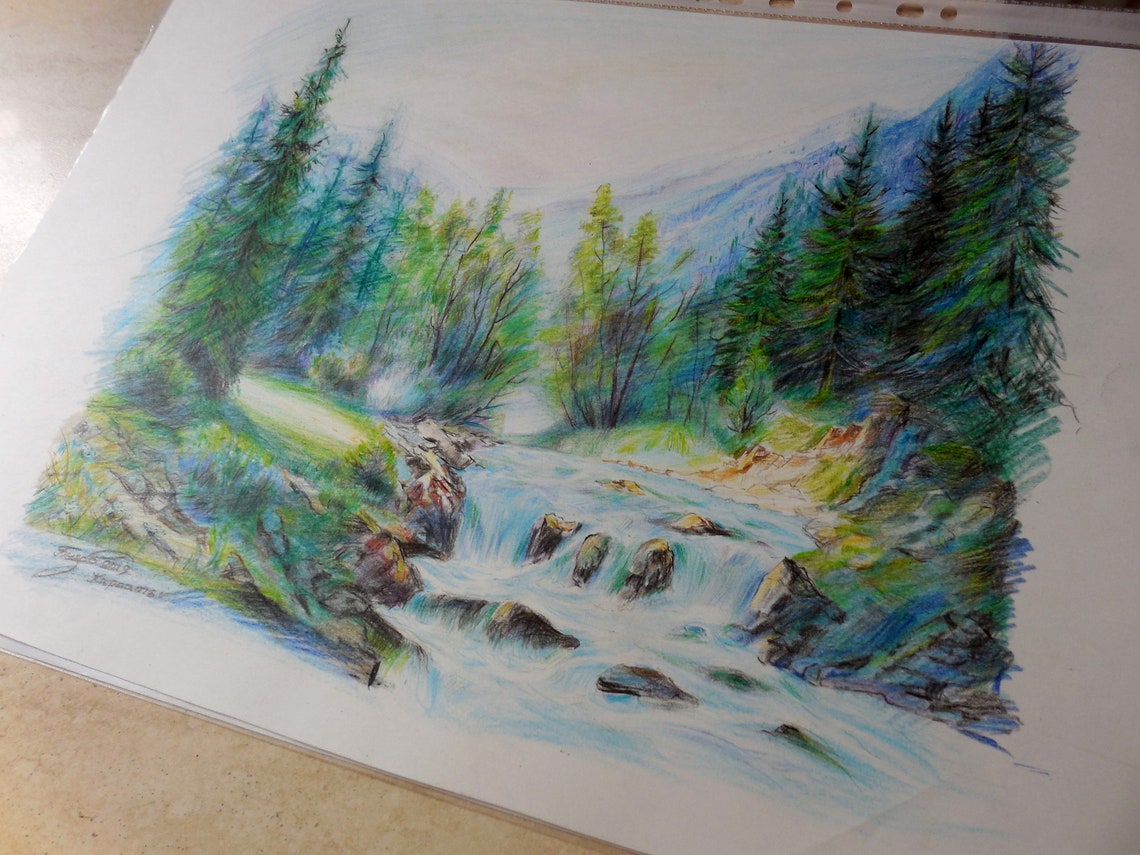 Drawing colored pencils landscape mountains river Etsy