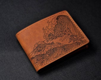 Cartera de cuero personalizada, diseño de ondas grabadas, regalo para él