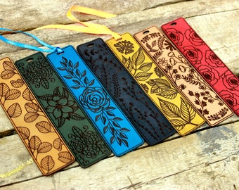 Personalized Leather Bookmark Set - Custom Engraved Floral Design