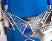 Tiffany stained glass necklace suncatcher in silver. Textured,blue and mirror glass.Unique,luxury customized contemporary jewelry Art Deco