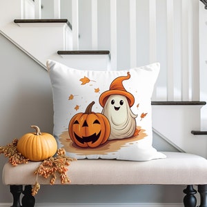Cute Ghost and Pumpkin Pillow, Halloween Decor, Fall Throw Pillow, Autumn Leaves, Farmhouse, Housewarming Gift, For Her