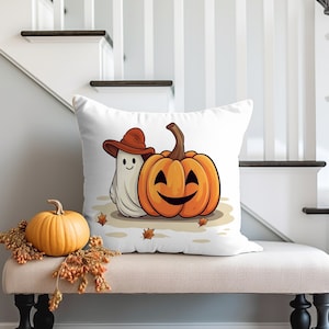 Cute Ghost and Pumpkin Pillow, Halloween Decor, Fall Leaves, Housewarming Gift, For Her