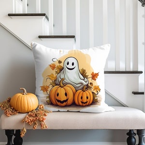 Smiling Ghost and Pumpkin Pillow, Halloween Decor, Fall Leaves, Housewarming Gift, For Her