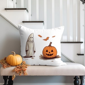 Spooky Ghost and Pumpkin Pillow, Cute Halloween Decor, Fall Leaves, Housewarming Gift, For Her