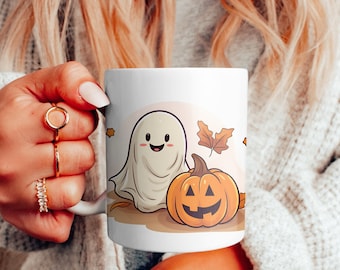 Ghost and Pumpkin Halloween Coffee Mug: Cottagecore Fall Decor