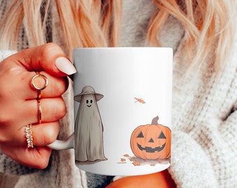 Happy Ghost Pumpkin Mug: Spooky Halloween Coffee Cup