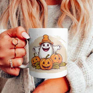 Uroczy jesienny kubek, kubek na kawę na Halloween, kubki z dynią duchem, wystrój jesienny, prezent dla niej, kakao, Cottage Cor, prezenty na parapetówkę, dynia korzenna