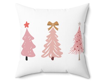 Pink Christmas Tree Pillow, Three Trees, Holiday Pillow Covers, December Decor, Winter Throw Pillow, Winter Farmhouse Pillow, Gift for her