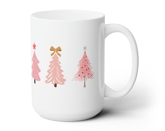 Pink Christmas Tree Mug, Boho Coffee Mugs, Holiday Decor, Gift for her