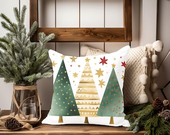Christmas Tree Pillow, Green and Gold Trees, Holiday Pillow Covers, December Decor, Winter Throw Pillow, Winter Farmhouse Pillow, Gift