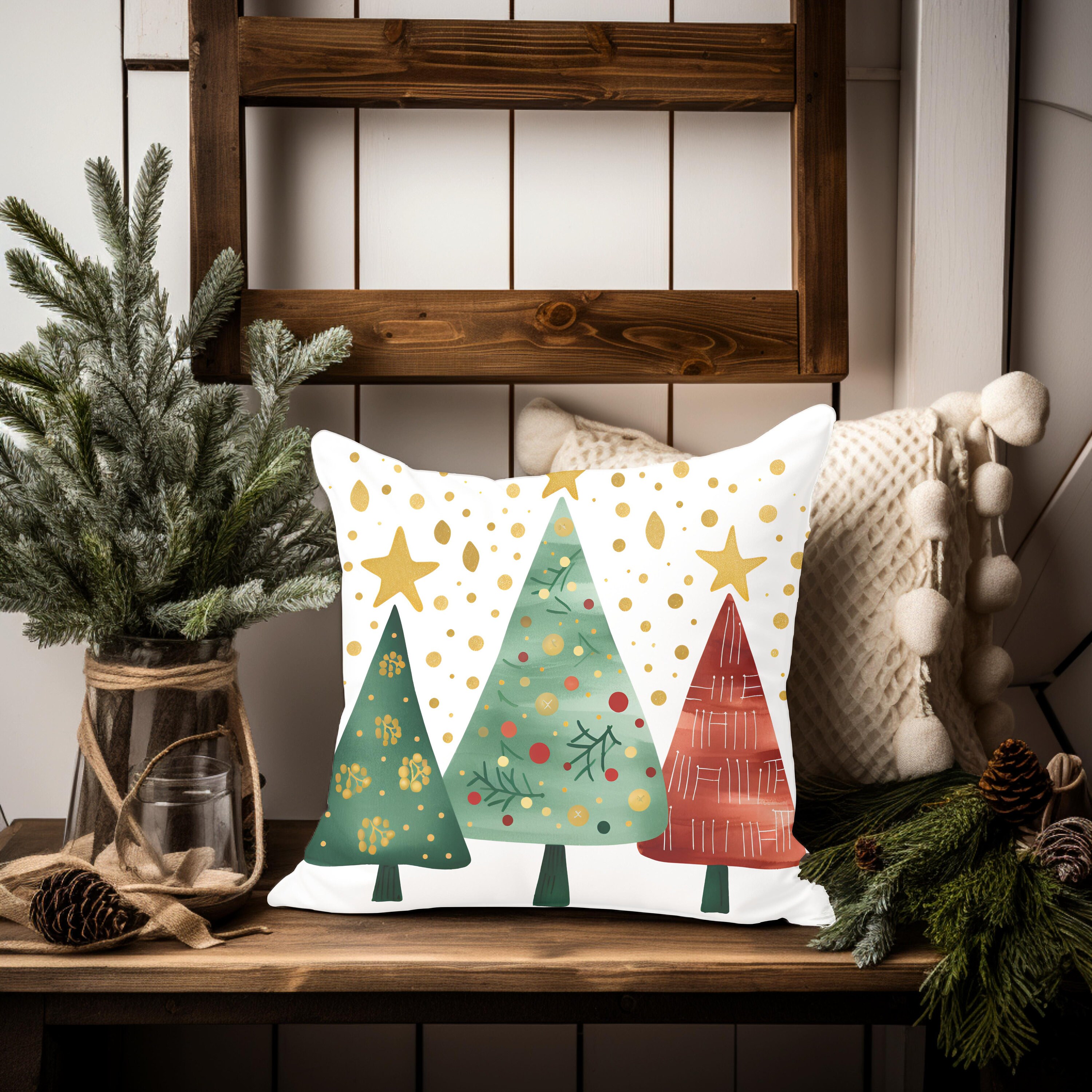 Christmas Tree Pillow, Green, Red, Gold Trees, Holiday Pillow Covers, December Decor, Winter Throw Pillow, Winter Farmhouse Pillow, Gift