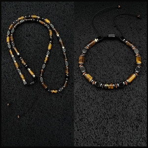 Original Tiger's Eye, Agate and Hematite Necklace and Bracelet Set, Natural Gemstone Jewelry for Men and Women, Special Design Jewelry