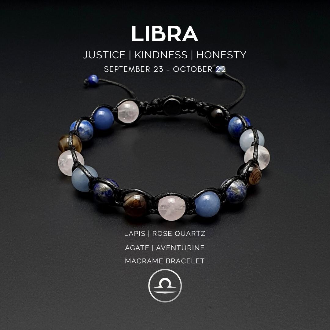 Libra Zodiac Bracelet: Macrame Natural Stone Healing Crystals