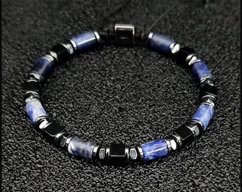 Sodalite, Agate and Hematite Beaded Macrame Bracelet, Handmade Natural Sodalite Beaded Bracelet for Men and Women, Blue Spotted Sodalite