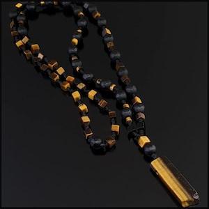 Tiger&#39;s Eye Necklace with Onyx, Natural Gemstone Necklace, Men&#39; Jewelry, Handmade Necklace with High Grade Gemstone, Beaded Necklace for Men