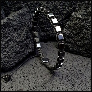 Black Silver Hematite Macrame Bracelet: Knitted Gemstone Wristlet