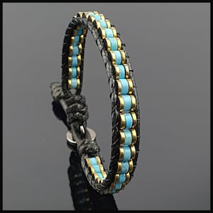 Handmade Turquoise Bracelet: Gold Hematite & Black Rope