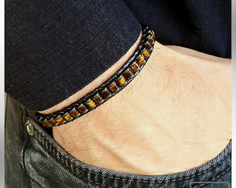 Tiger&#39;s Eye Bracelet: Slim Gemstone Armlet, Hematite Accent