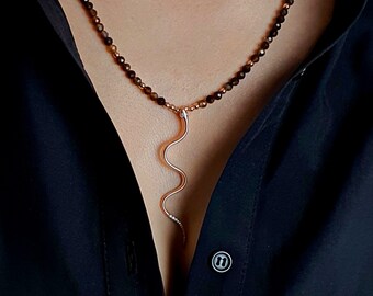 Rose Gold Snake Charm Silver Necklace with Brown Facet Agate Gemstone, Sterling Silver Snake Pendant Jewelry, Jewellery Gifts for