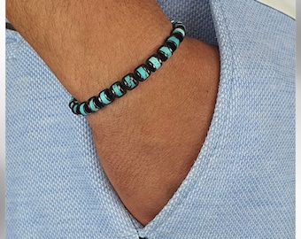 Bracelet macramé turquoise, pierre hématite, cadeau pour homme, cadeau pour femme, bijoux bleus, perles turquoises, bracelet masculin, brassard bleu