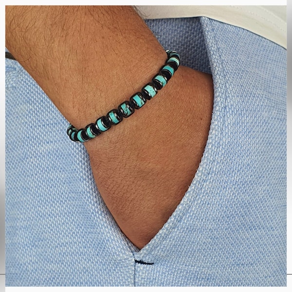 Turquoise Macrame Bracelet, Hematite Stone, Gift For Men, Gift For Women, Blue Jewelery, Turquoise Beads, Masculine Wristlet, Blue Armband