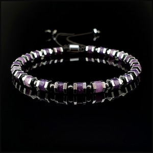 Amethyst and Hematite Beaded Macrame Bracelet, Handmade Natural Gemstone Jewelry for Men and Women, Purple Bracelet