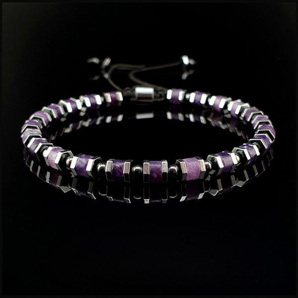 Amethyst and Hematite Beaded Macrame Bracelet, Handmade Natural Gemstone Jewelry for Men and Women, Purple Bracelet