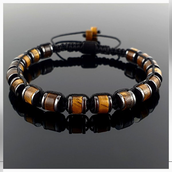 Natural Tiger's Eye Macrame Bracelet  with Hematite, Design Bracelet, Gift For Men, Gift For Women, Gift For Him, Gift For Her, Fall Jewelry