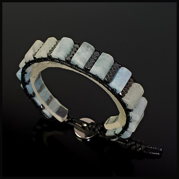 Aqua Marine & Hematite Beaded Bracelet, Men's Gemstone Jewelry
