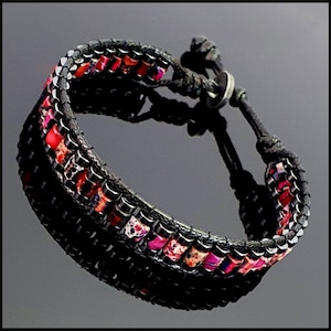 Red Pink Turquoise Bracelet: Hematite Gemstone, Adjustable Zamak Button