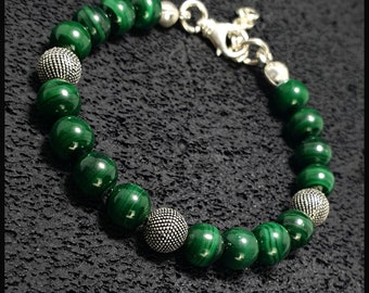 Original Malachite Bracelet with Solid Silver Balls, Green Masculine Bracelet, Silver Bracelet for Gift, Christmas Gifts, Malachite Jewelry