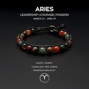 May include: A Bohemian bracelet with agate, garnet, carnelian, and red jasper beads. The bracelet is black and features a leather cord with a metal clasp. The image includes the text "ARIES" and the zodiac symbol.