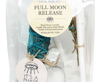 Kit para rituales de liberación de luna llena: varita de salvia, cristales, vela, palo santo (viaje ritual).