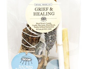 Kit ritual para sanar el duelo: salvia, tomillo, amatista, incienso, vela.