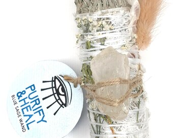 Varita de salvia azul para sahumerio - Varita ritual de hierbas de bruja con cristal