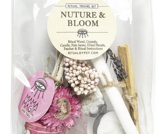 Kit de rituales mágicos para mamás: salvia, palo santo, cuarzo rosa, autocuidado para mamás primerizas.