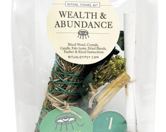 Kit de rituales para la riqueza y la abundancia: varita de romero, citrino, eucalipto, pirita, palo santo.