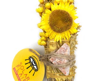 Varita de salvia del desierto para sahumar – Cristal de piedra solar, varita ritual de destello solar