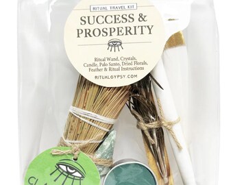 Kit para rituales de éxito y prosperidad: varita de pino, aventurina, pirita, vela, hierbas.