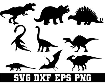 May include: Black silhouette cutouts of various dinosaurs, including a Tyrannosaurus Rex, Triceratops, Stegosaurus, Brachiosaurus, Plesiosaurus, Pterodactyl, and others. The silhouettes are set against a white background. The text "SVG DXF EPS PNG" is at the bottom of the image.