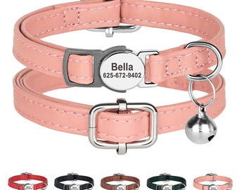 Personalized Cat Collar with Nameplate – Adjustable PU Leather Kitten Collar with Bell – Custom Engraved Pet ID Gift - Cat Collar Gift
