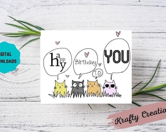 Biglietto d'auguri stampabile, biglietto d'auguri divertente, biglietto divertente con gatti, biglietto d'auguri per amanti dei gatti.