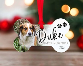 Dog Memorial Ornament, Pet photo ornament customized with photo and name.