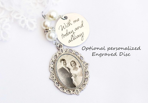 Memorial Bridal Bouquet Charm with Personalized Engraved Charm,  Custom Engraved Hand Writing keepsake, Flower Bouquet Photo Charm
