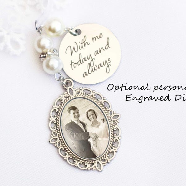 Memorial Bridal Bouquet Charm with Personalized Engraved Charm,  Custom Engraved Hand Writing keepsake, Flower Bouquet Photo Charm
