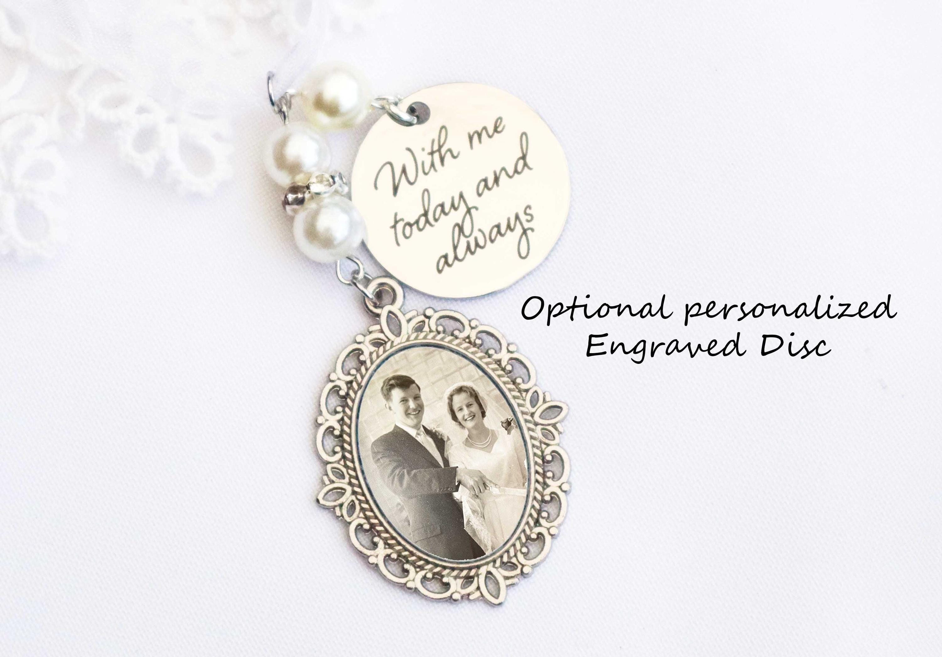 Memorial Bridal Bouquet Charm with Personalized Engraved Charm,  Oval Wedding Memorial Keepsake, Flower Bouquet Photo Charm
