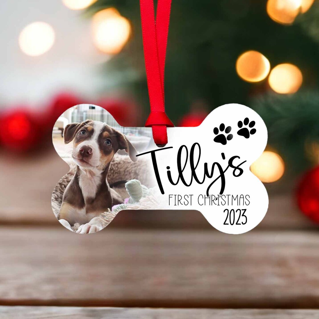 Puppy First Christmas Ornament, Bone Shaped Photo Ornament Personalized