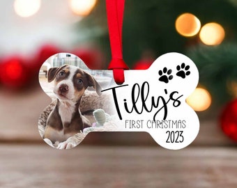 Puppy first Christmas Ornament, Bone shaped photo ornament personalized with name and year
